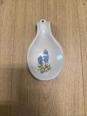 Frankoma vintage pottery White Ceramic Spoon Rest with Blue Floral Accent Texas
